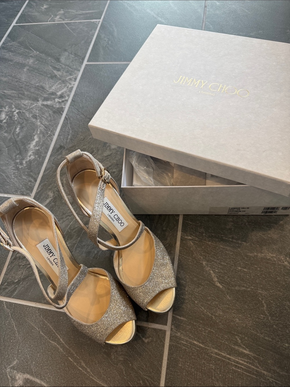 Jimmy Choo Silver Glitter Open-Toe Ankle-Strap Heels